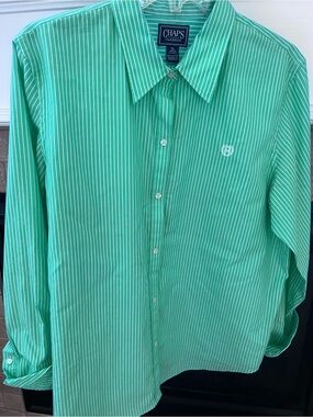 Chaps Classics Shirt Mens XL Green White Vertical Striped Long Sleeve Button Up